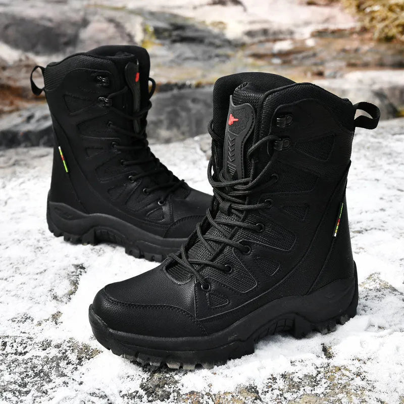 Men's beige cowhide leather hi-top hiking shoes with platform sole on a rocky outdoor surface.