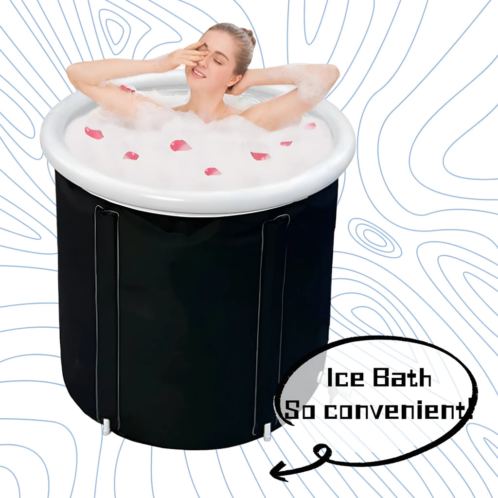 Black inflatable portable ice bath tub with weather lid and accessories for cold water therapy