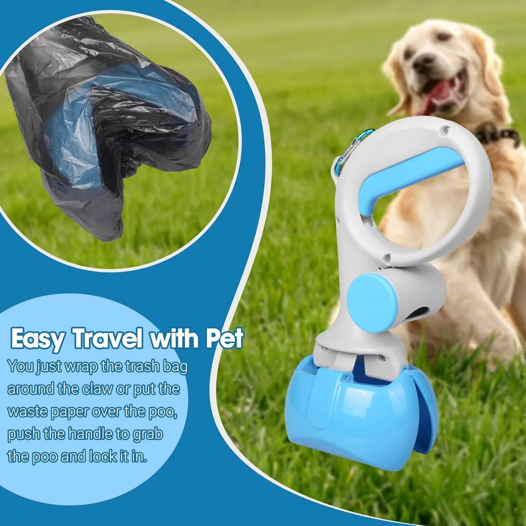 Black ABS plastic pet pooper scooper with integrated trash bag holder and top hanging hook.