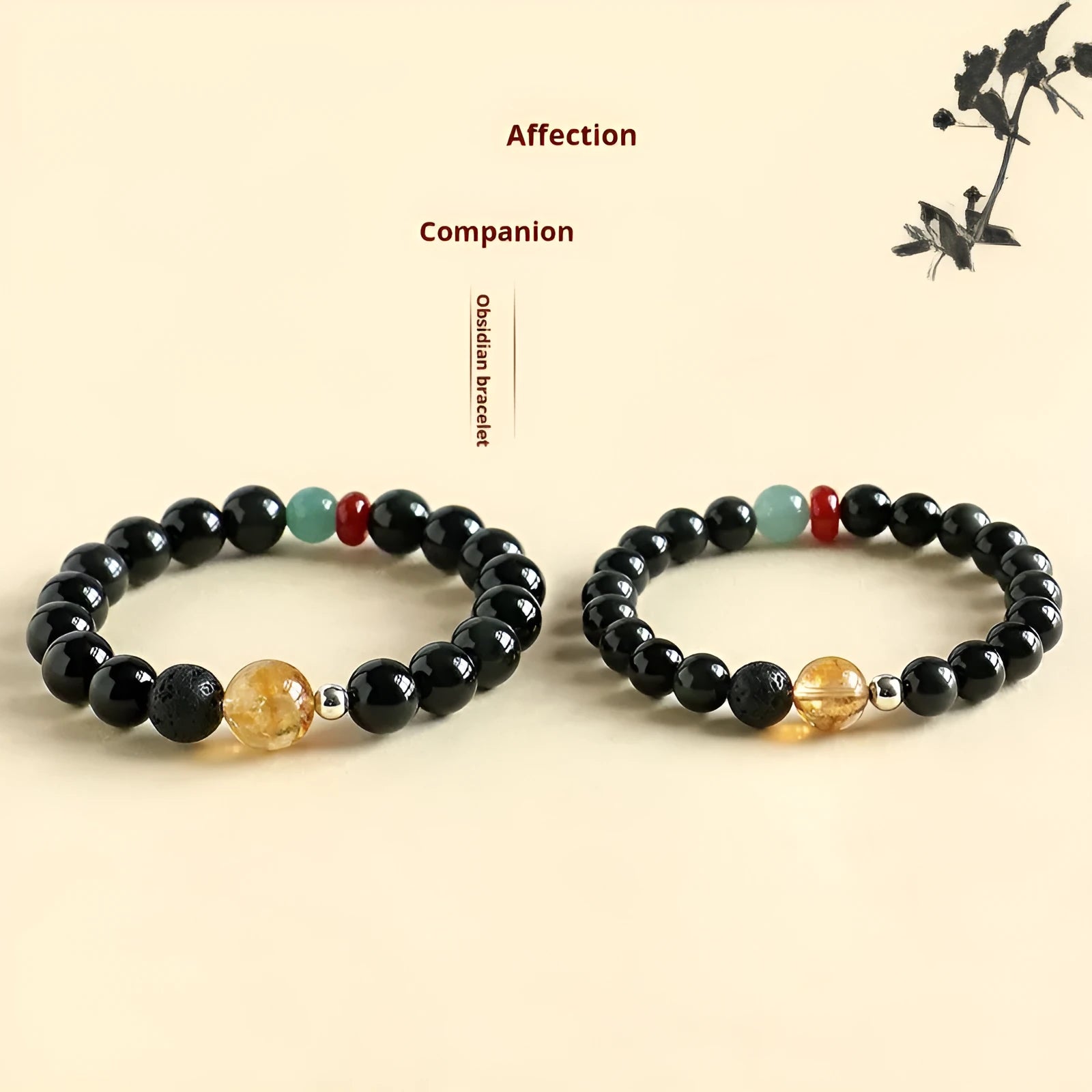 Chinese style obsidian and agate couple bracelet with yellow tower crystal and jade beads.