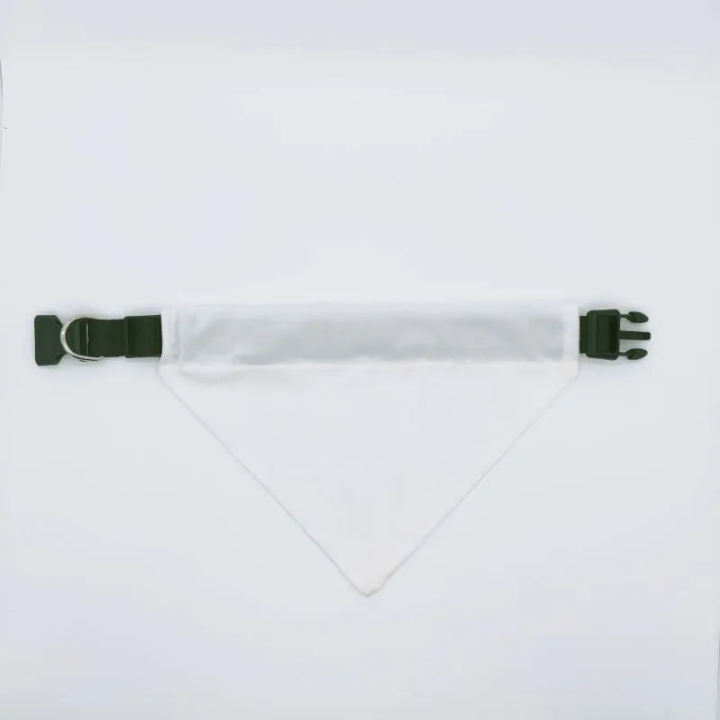 White adjustable polyester dog scarf designed for thermal transfer customisation with four size options