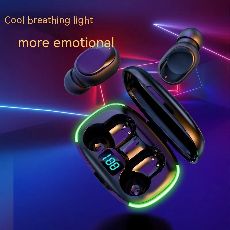 Black Y80 wireless Bluetooth in-ear earphones with digital display showing power level