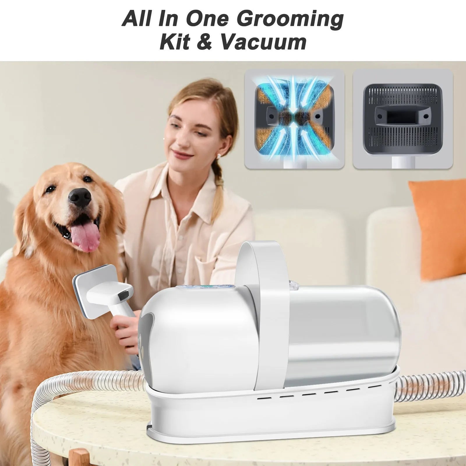 White pet grooming device with vacuum trimming system for dog hair management