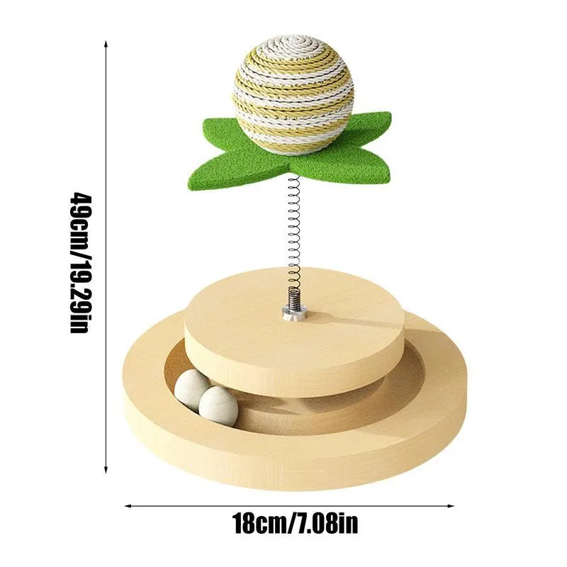 Green sisal cat scratching pad with interactive ball track and rotating spring ball toy