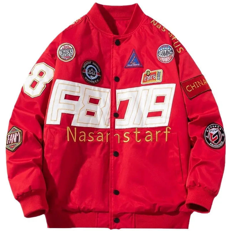 Thick polyester motorcycle jacket for men embroidered baseball design side pockets drawstring sleeves