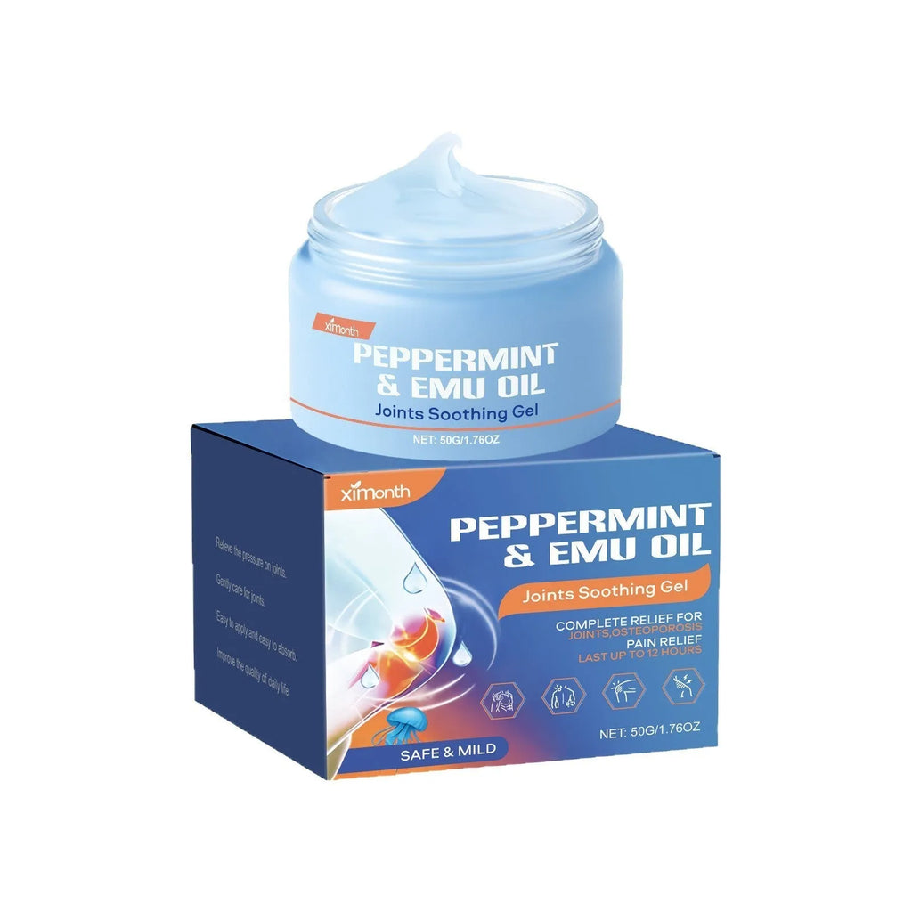 50g tube of joint soothing gel with menthol and emu oil displayed.