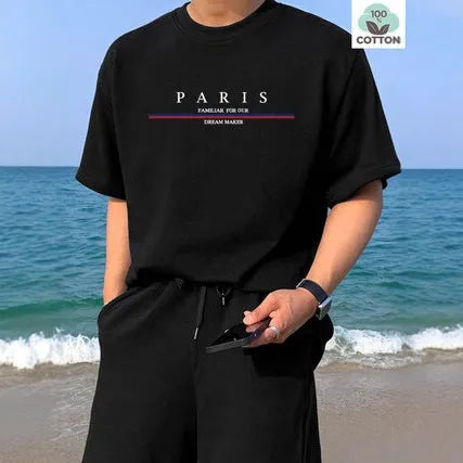 Men's casual white cotton t-shirt with black letter print, loose fit, short sleeves.