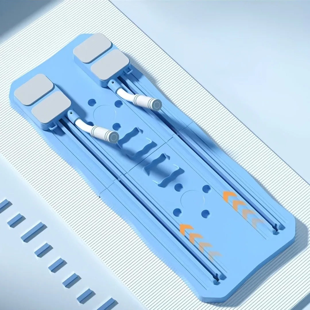 A blue multifunctional supine fitness board for abdominal exercises on a home floor.
