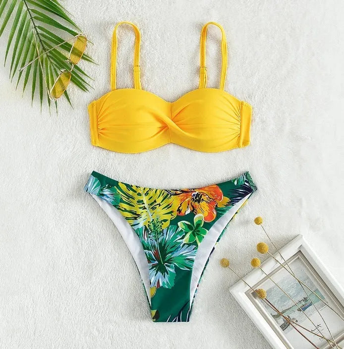 Women's hard cup push up bikini swimsuit in fluorescent green, briefs style