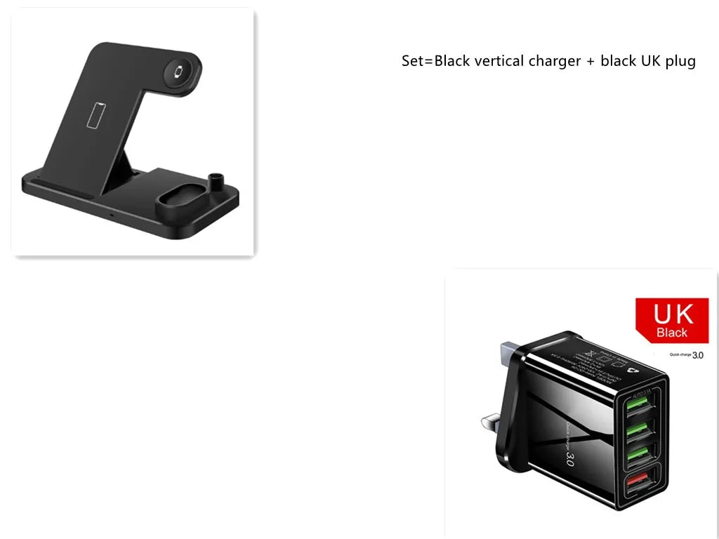 White 4-in-1 wireless charging station with phone on adjustable stand, Apple Watch, AirPods and Apple Pencil charging.