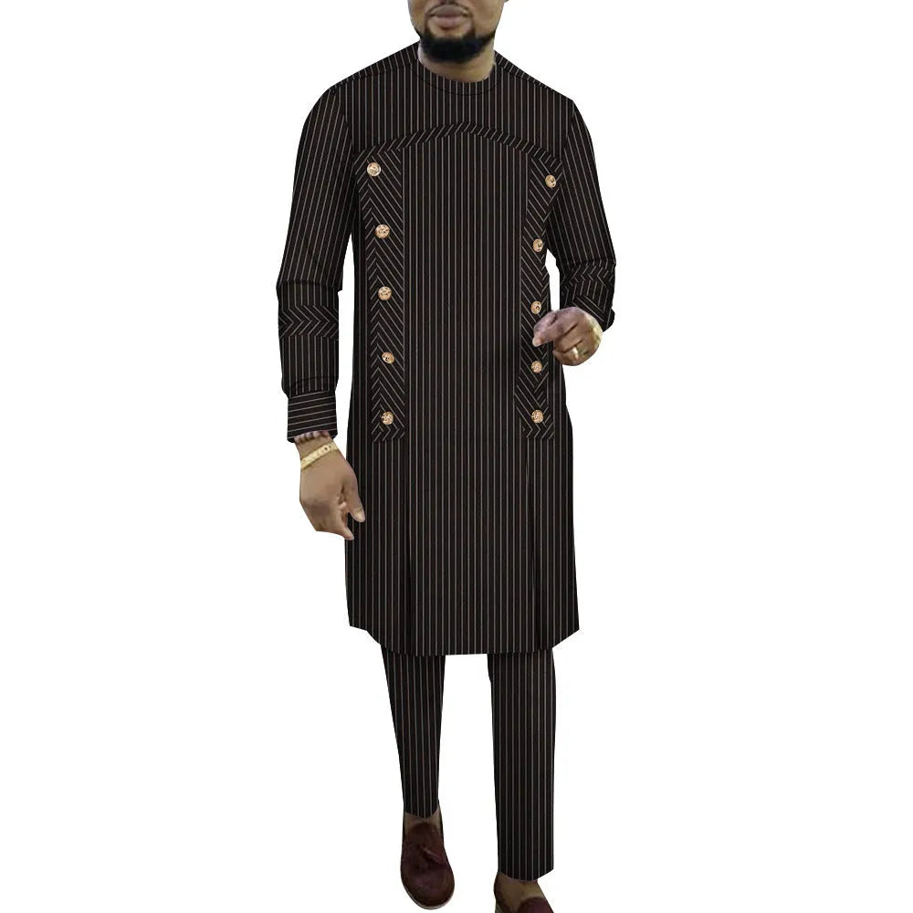 African men's striped cotton two-piece robe set showing long-sleeved top and trousers.
