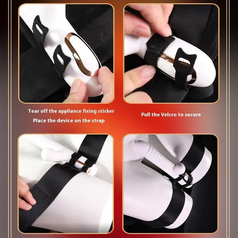 Black knitted adult toy accessory strap for harness use.
