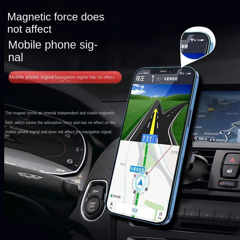 Black aluminium magnetic car air vent phone holder mounted on vehicle dashboard