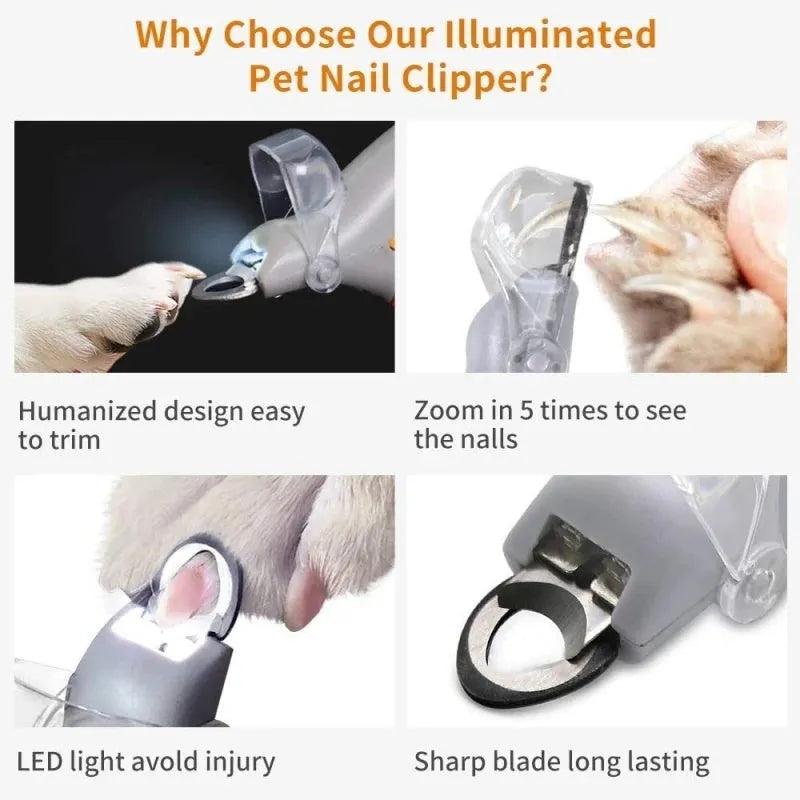 Yellow pet nail clipper with built-in LED light and magnifying glass for dog and cat grooming.
