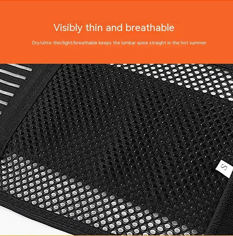 Black breathable sports waist support belt with internal steel plate shown on a plain background.