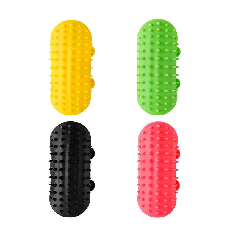Silicone cat scratching comb with rounded teeth and adjustable strap in black, green, pink, or yellow colour.