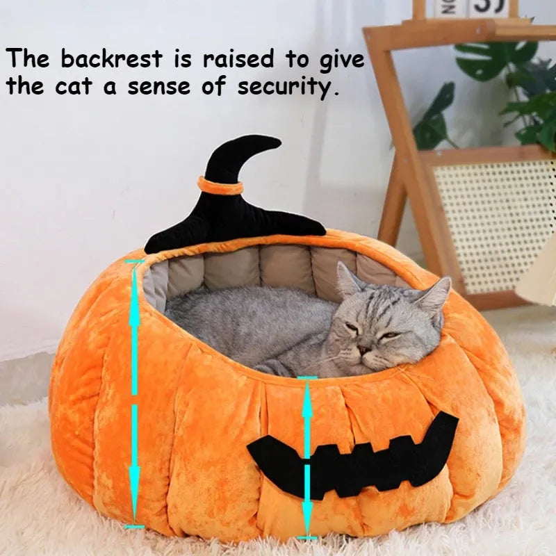 Halloween themed cat bed with cartoon pumpkin and devil design in soft plush fabric