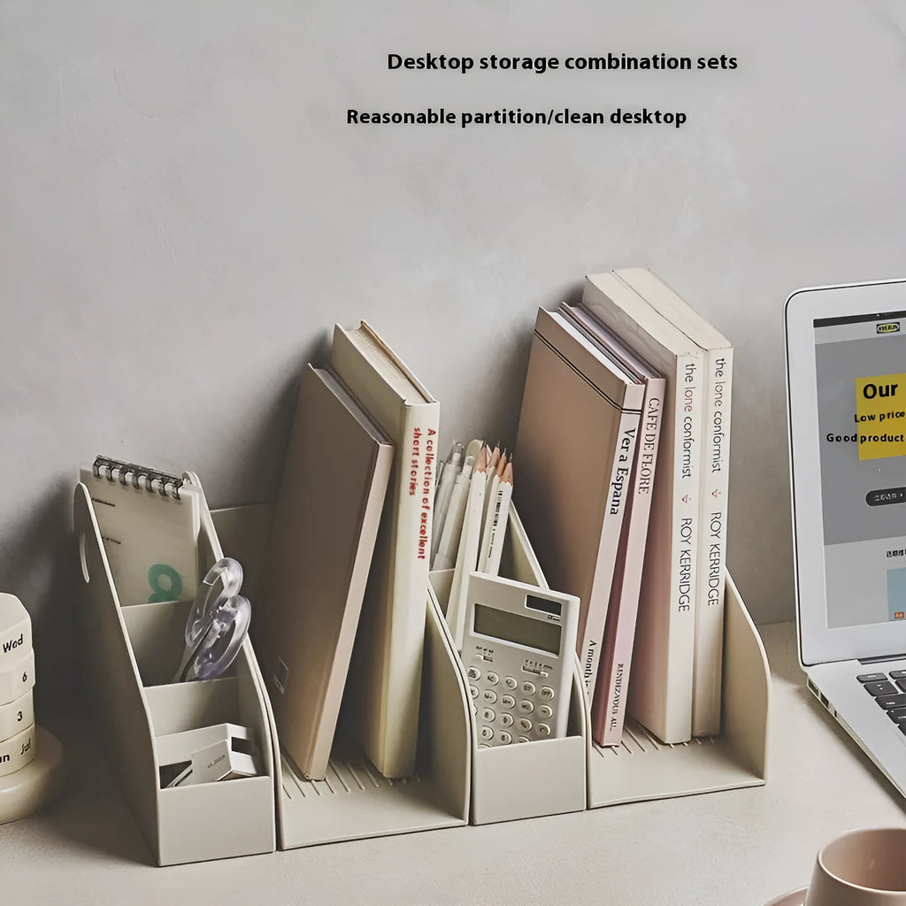 Plastic desktop storage box with two compartments in ivory white or milk coffee colour