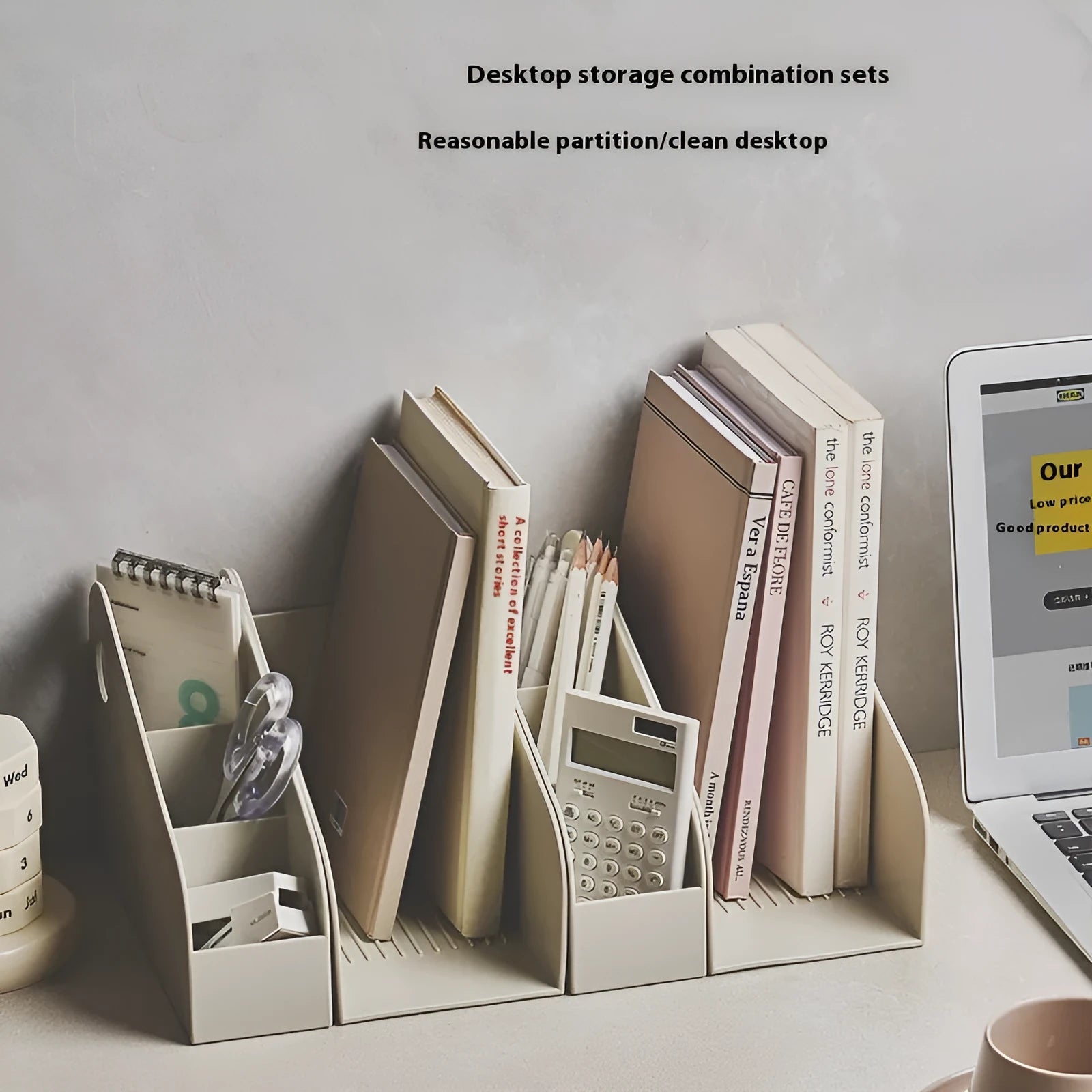 Plastic desktop storage box with two compartments in ivory white or milk coffee colour