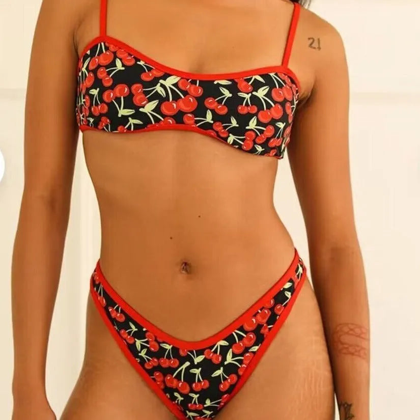 Women's cherry print floral tube top bikini swimsuit with briefs in polyester fabric
