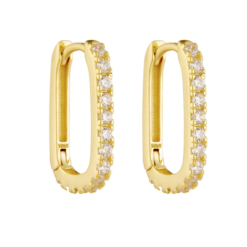 S925 Sterling Silver geometric oval zircon stud ear clips for women in white and yellow.