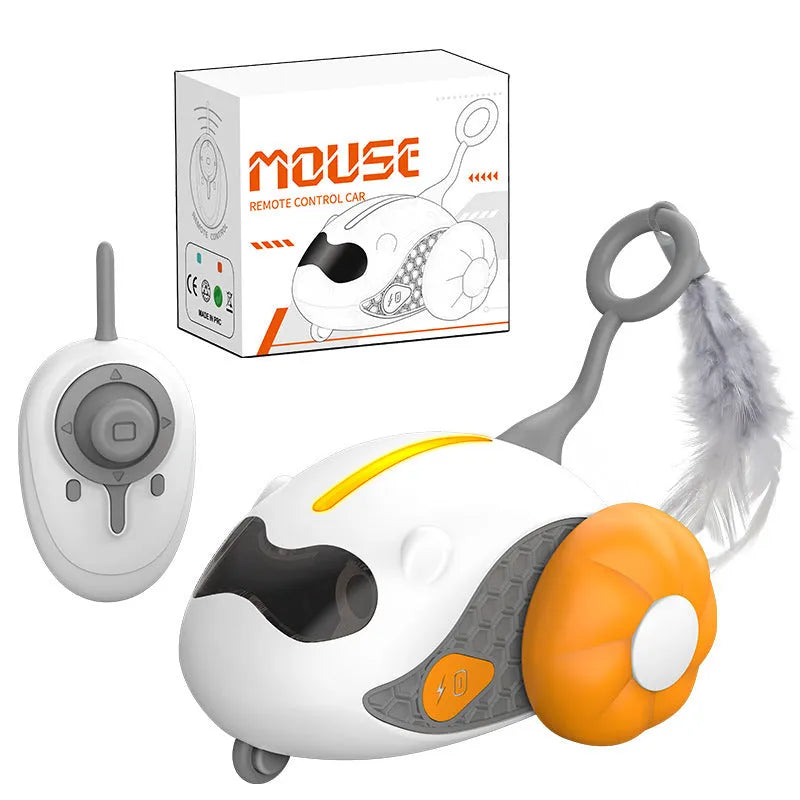 Remote control car cat toy with feather attachment in orange or blue colour options