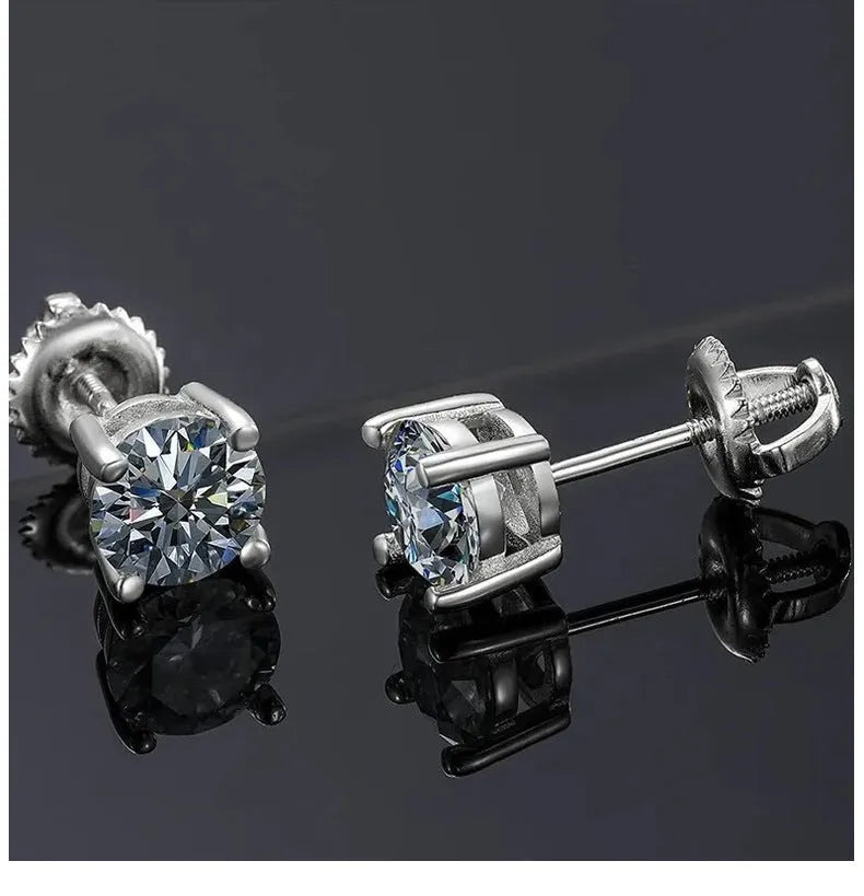 Silver geometric four claw moissanite screw-back stud earrings for women, shown with certificate.
