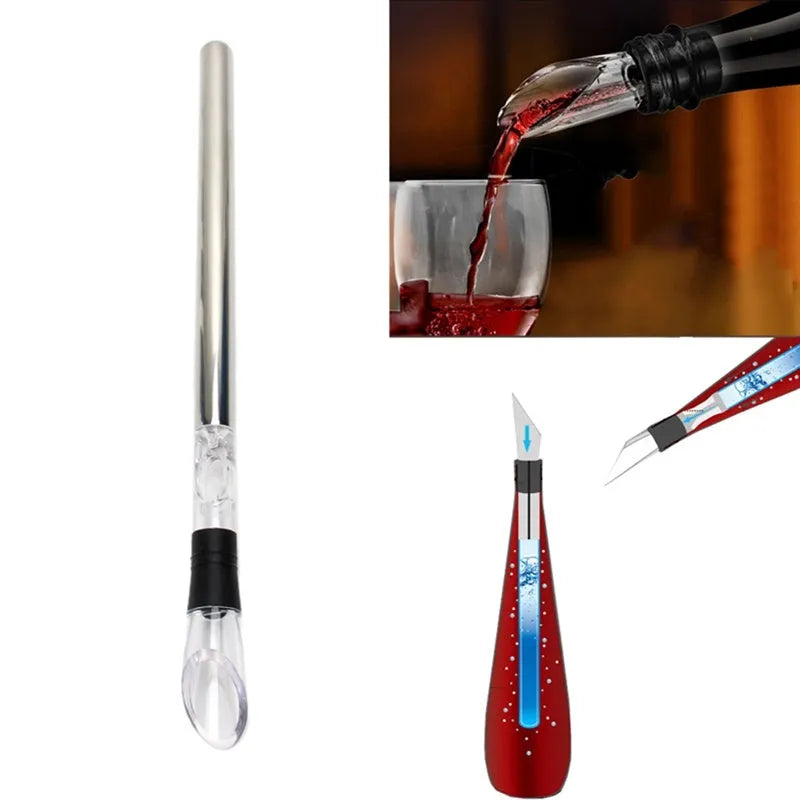 Stainless steel wine chilling rod with acrylic handle and integrated pourer, shown in silver finish.