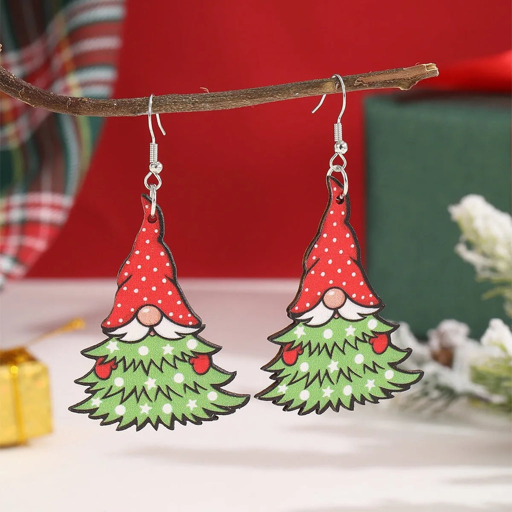 Wooden Christmas earrings set with geometric tree and water drop snowman designs