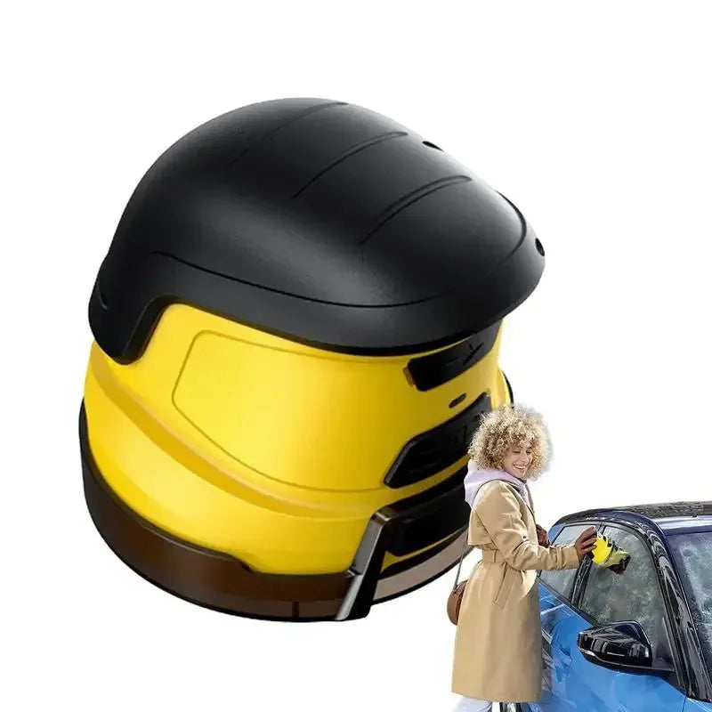 Yellow cordless electric ice scraper with funnel-shaped head next to a USB charging cable.
