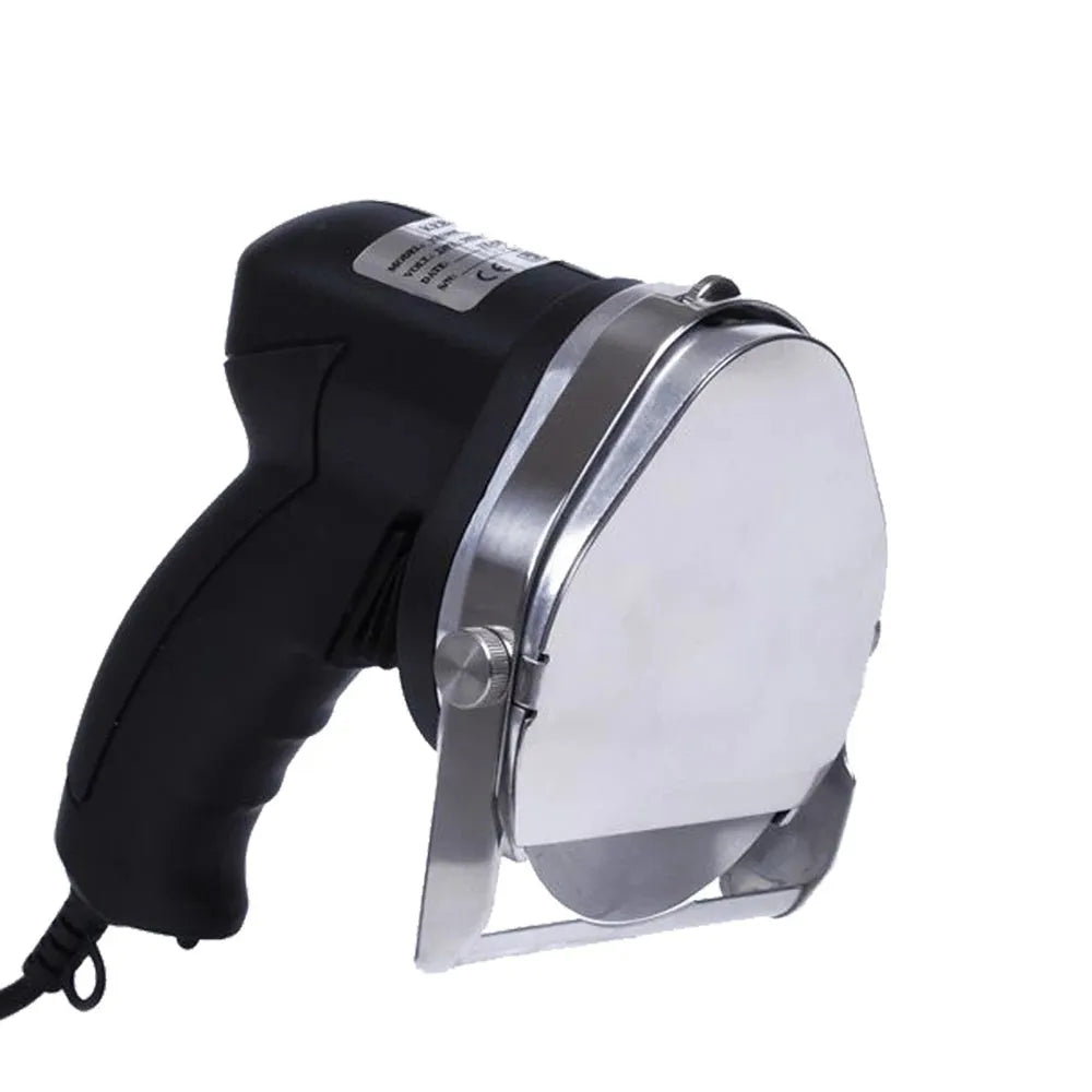 Black manual meat cleaver with adjustable blade for an electric turkey barbecue machine.