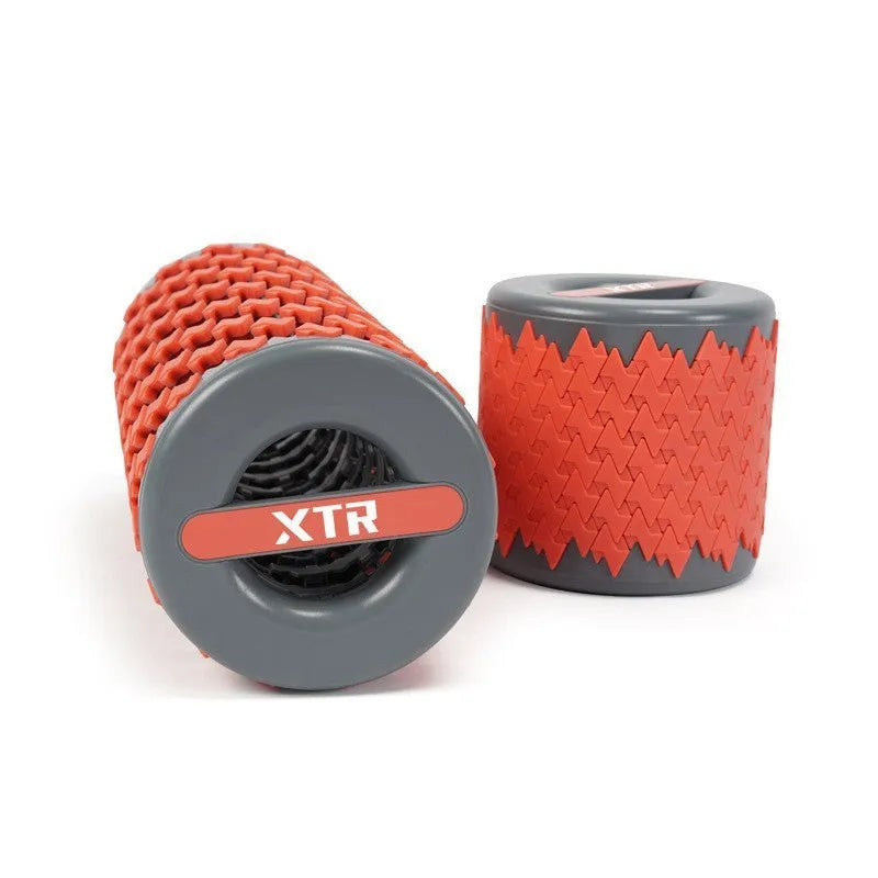 Adjustable telescopic foam roller extended to show length with yoga pillar accessory in choice of colours