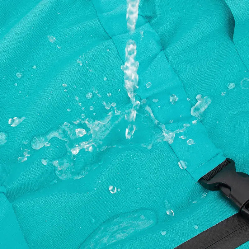 Waterproof polyester dog raincoat in black for medium large dogs, four-legged design with hood