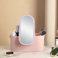 Pink gradient portable makeup storage box with built-in LED mirror and USB charging port