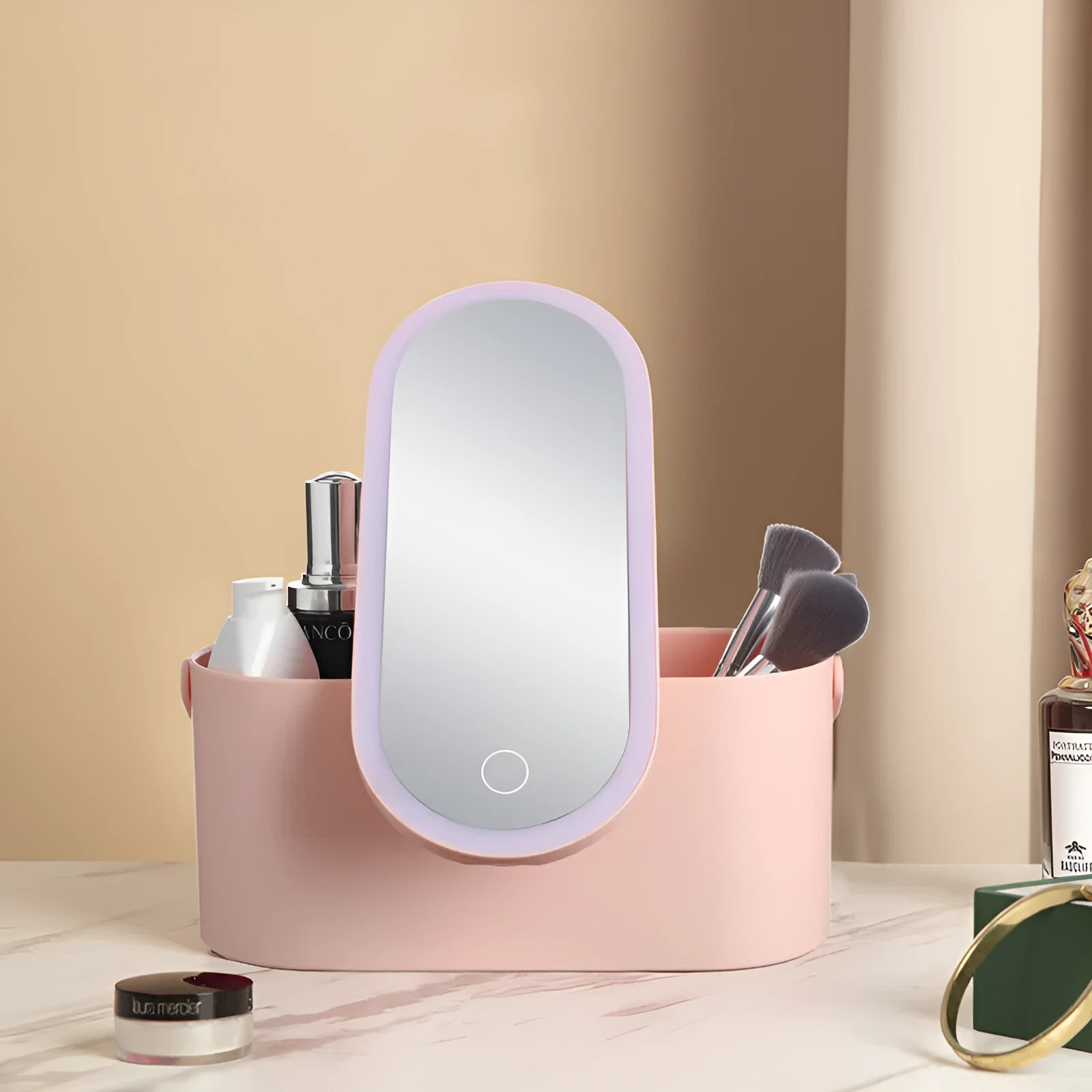 Pink gradient portable makeup storage box with built-in LED mirror and USB charging port