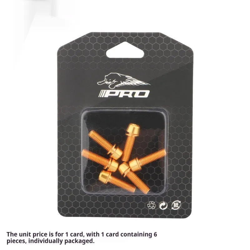 Set of six coloured stainless steel screws for mountain bike handlebar riser installation.
