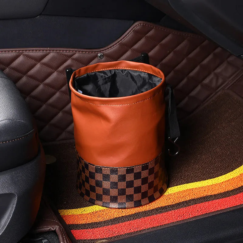 Retractable leather interior car trash can with handle in folded and extended positions