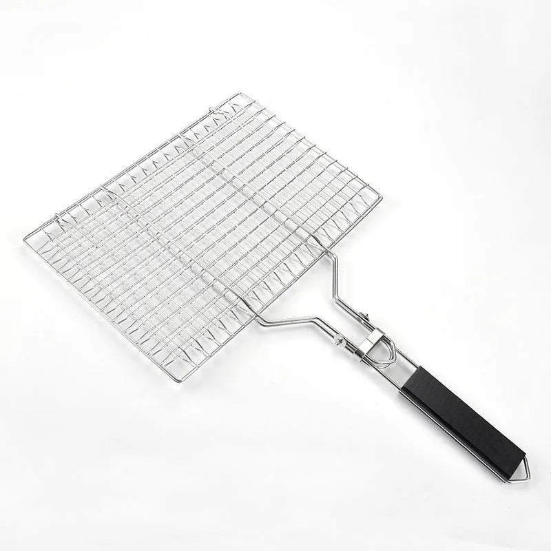 Square folding stainless steel wire mesh basket for barbecues with a cleaning brush.