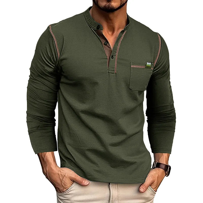 Men's long sleeve cotton blend pullover shirt in six colours: white, dark gray, black, wine red, sapphire blue, dark green. Asian sizes S-XXL.