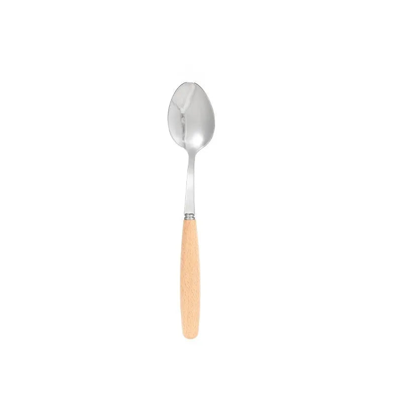 Beige waxed canvas tableware storage bag with wooden handle chopsticks, knives, forks, and spoons inside.