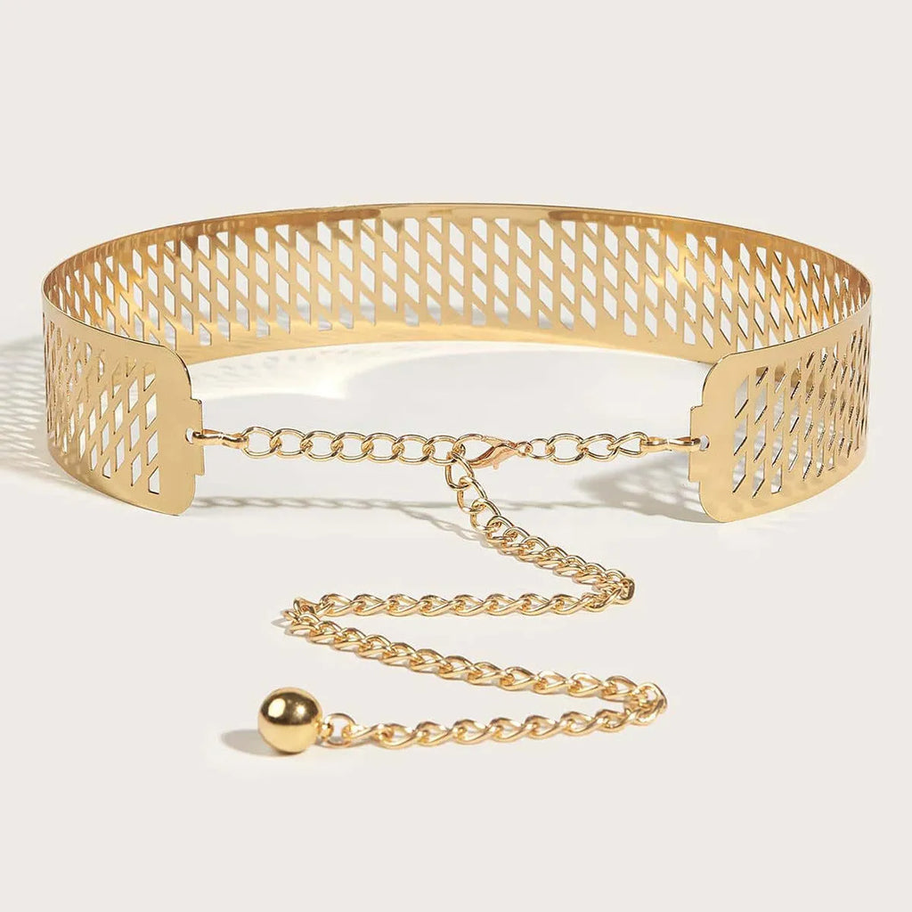 Gold iron waist belt with detailed lantern head design, shown with alloy buckle hook closure.