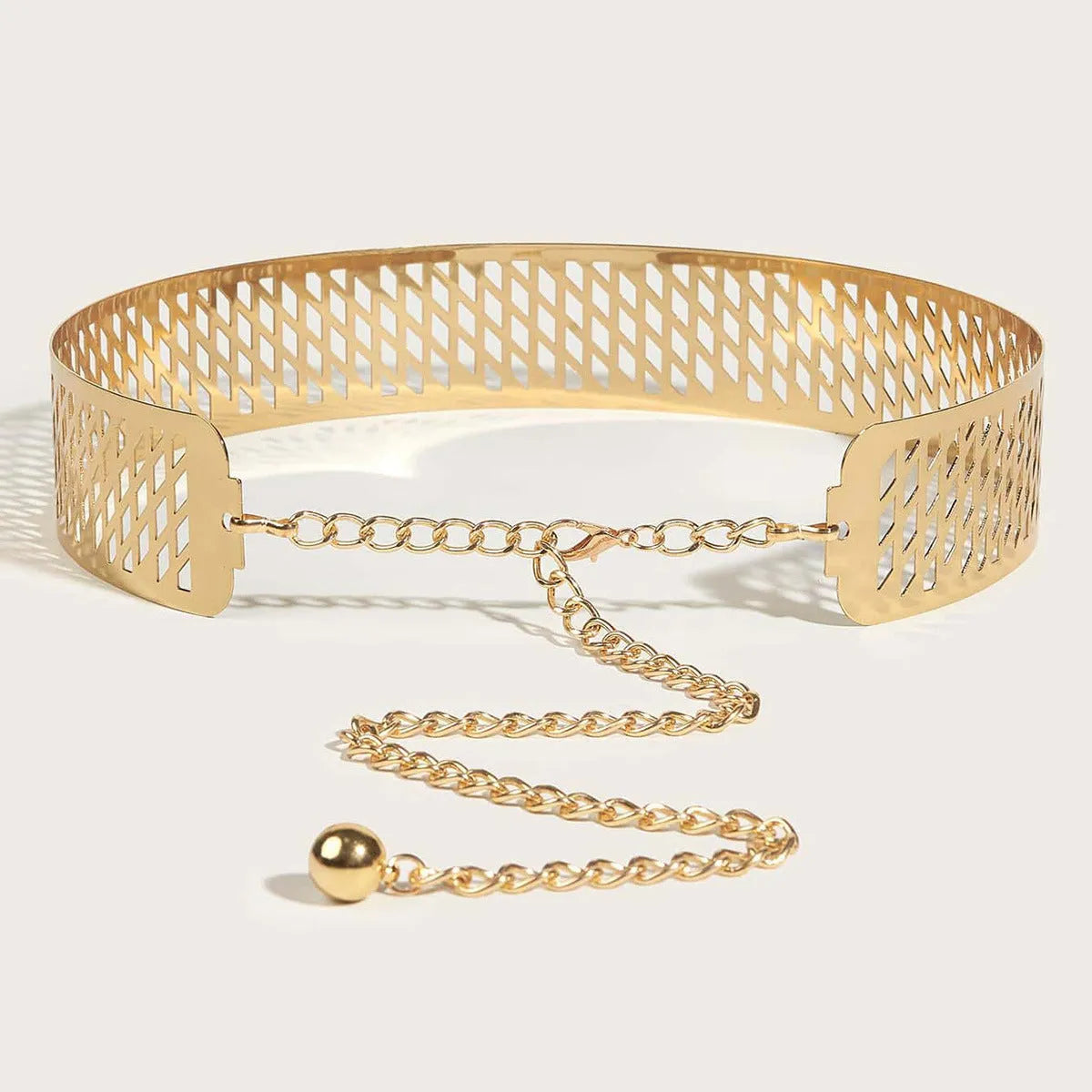 Gold iron waist belt with detailed lantern head design, shown with alloy buckle hook closure.