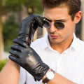 Black touch leather motorcycle driving gloves on a surface, size S to XXL available, unlined single-layer design