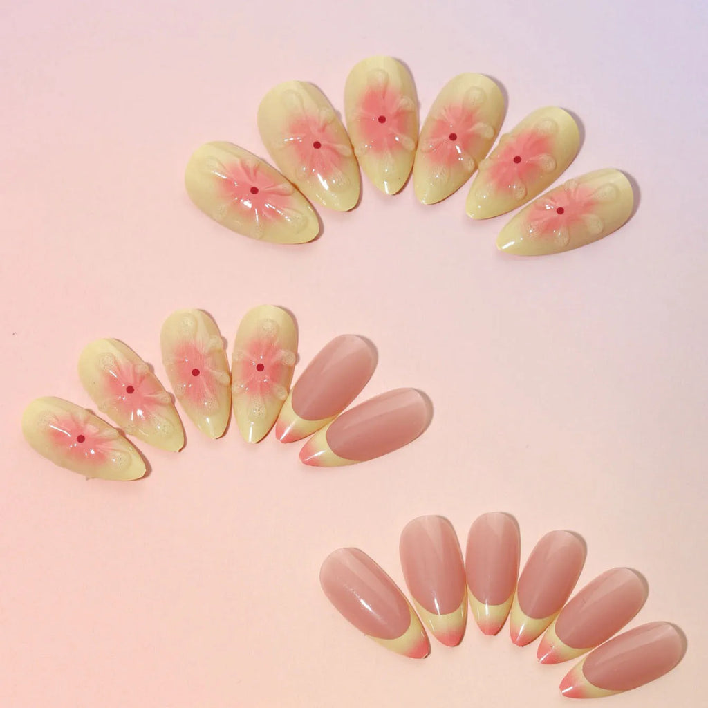 Cartoon-style 3D flower detachable fake nails set with plastic armour and adhesive components