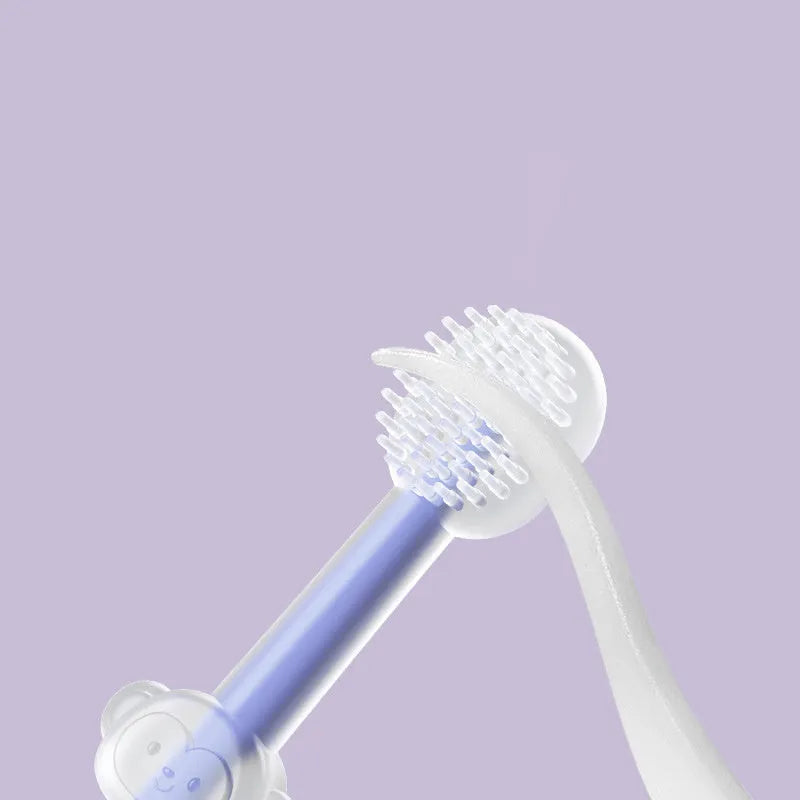 Purple silicone-bristled pet toothbrush for cleaning dog and cat teeth.