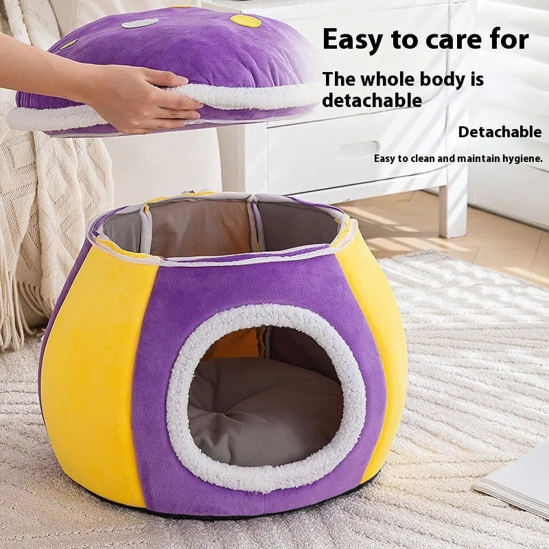 Grey mushroom-shaped plush cat bed with a detachable blanket and rabbit plush lining