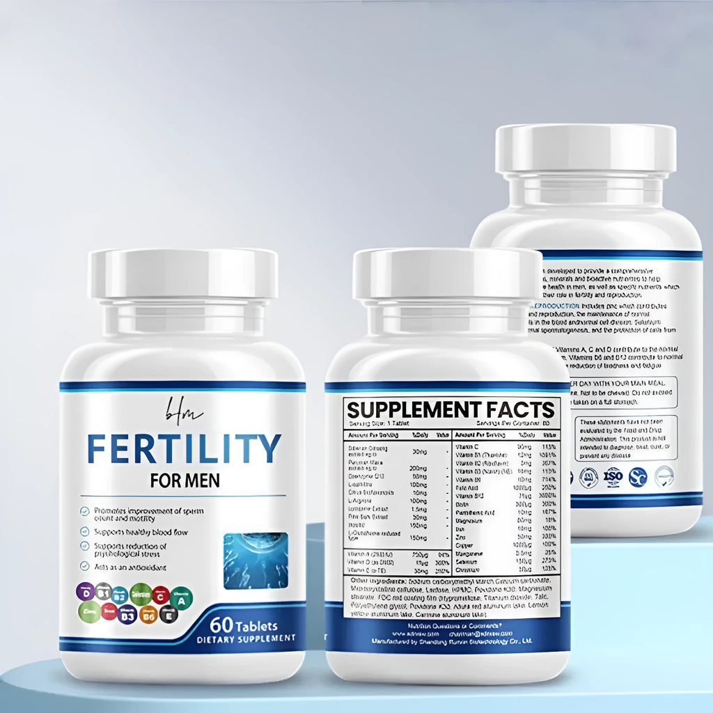 Bottle of 60 male fertility tablets with vitamin mineral amino acids formula for reproductive health