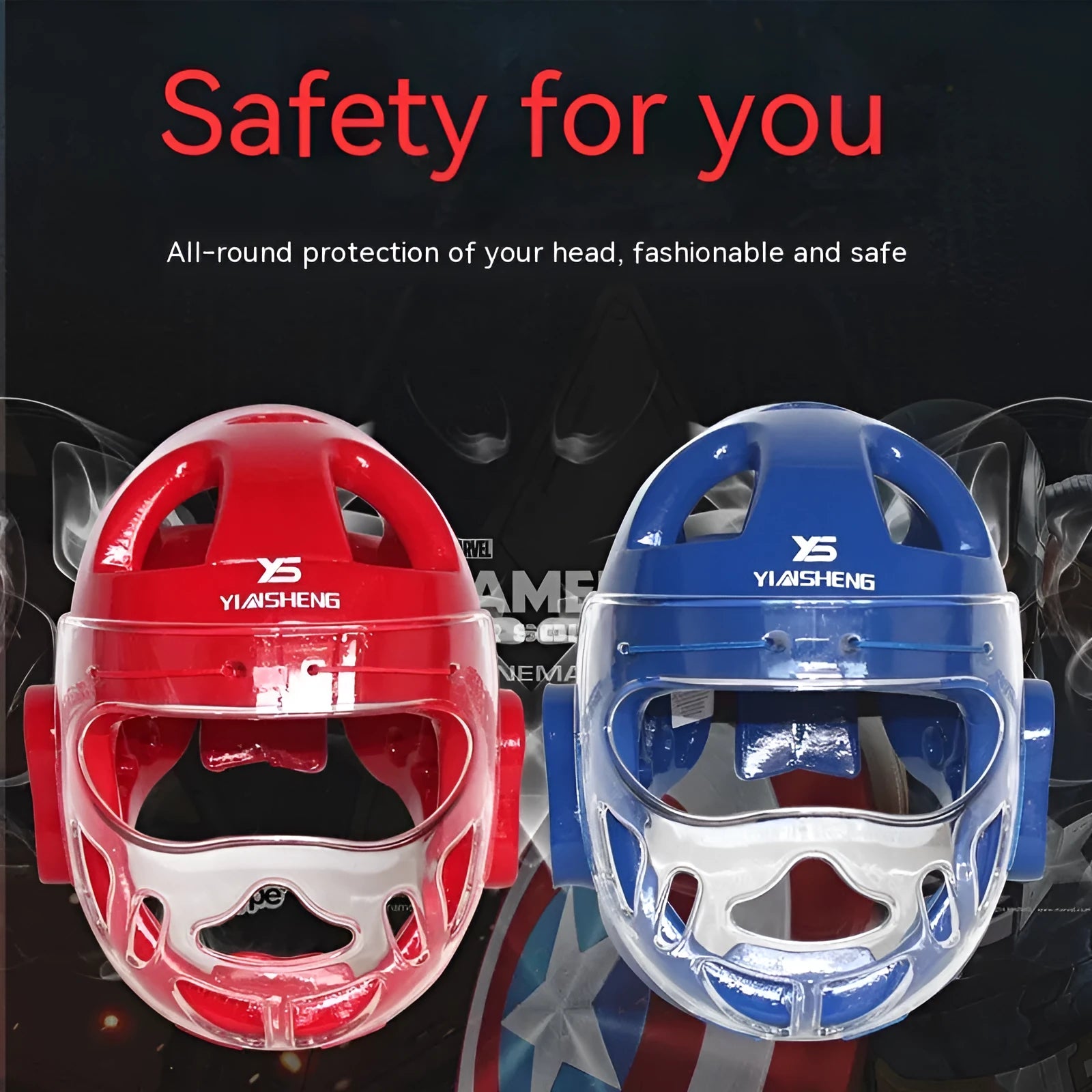 A white, blue, and red karate boxing helmet with chin strap for head protection.