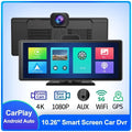 10.26-inch car DVR dash cam with touch screen, front and rear camera, showing split-screen display.