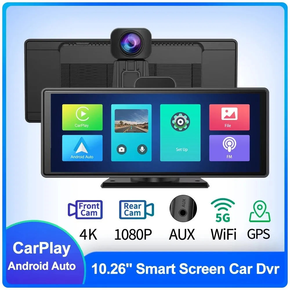 10.26-inch car DVR dash cam with touch screen, front and rear camera, showing split-screen display.